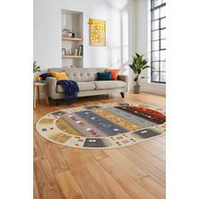 Evdeya Dijital Kaymaz Yıkanabilir Motifli Etnik Desen Oval Yolluk Mutfak Salon Halısı, O-Etnik-15-Renkli,
