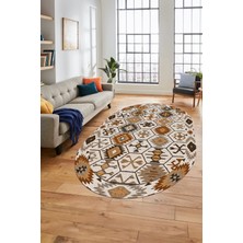 Evdeya Dijital Baskılı Kaymaz Yıkanabilir Etnik Desen Oval Yolluk Mutfak Salon Halısı, O-Etnik-12-Kahve,