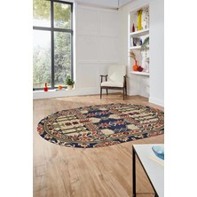 Evdeya Şık  Etnik Desen Kaymaz Yıkanabilir Oval Yolluk Mutfak Salon Koridor Halısı, O-Etnik-20-Lacivert,