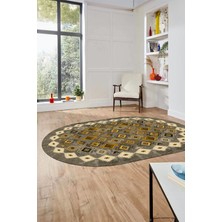 Evdeya Sade  Etnik Desen Kaymaz Yıkanabilir Oval Yolluk Mutfak Salon Koridor Halısı, O-Etnik-19-Sarı,