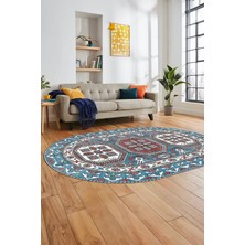 Evdeya Dijital Kaymaz Yıkanabilir Şık Etnik Desen Oval Yolluk Mutfak Salon Halısı, O-Etnik-14-Renkli,