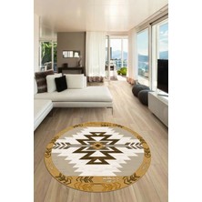 Evdeya Etnik Desenli Dijital Kaymaz Yıkanabilir Yuvarlak Mutfak Salon Halısı, Y-Etnik-05-Kahve,