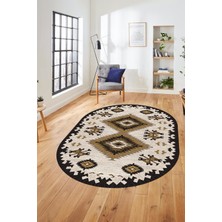 Evdeya Dijital Kaymaz Yıkanabilir Etnik Desenli Oval Yolluk Mutfak Salon Halısı, O-Etnik-02-Kahve,