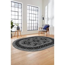 Evdeya Dijital Kaymaz Yıkanabilir Şık Etnik Desen Oval Yolluk Mutfak Salon Halısı, O-Etnik-04-Gri,