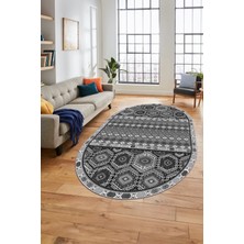 Evdeya Dijital Kaymaz Yıkanabilir Şık Etnik Desenli Oval Yolluk Mutfak Salon Halısı, O-Etnik-13-Gri,