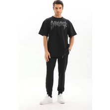 Sneppy Unisex Taşlı T-Shirt ve Eşofman Takımı - Siyah