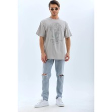 Sneppy Unisex Oversize Taşlı Bisiklet Yaka T-Shirt - Gri