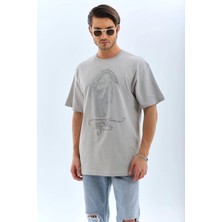 Sneppy Unisex Oversize Taşlı Bisiklet Yaka T-Shirt - Gri