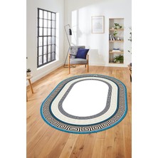 Evdeya Dijital Kaymaz Yıkanabilir Çerçeveli Şık Tasarım Oval Mutfak Salon Halısı, O-Çerçeveli-03-Mavi,
