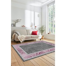 Evdeya Şık Çerçeve Desenli Modern Yıkanabilir Yolluk Mutfak Salon Halısı, Çerçeveli-21-Pembe,