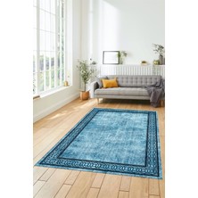 Evdeya Çerçeveli Zincir Desenli Yıkanabilir Kaymaz Yolluk Mutfak Salon Halısı, Çerçeveli-31-Mavi,