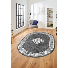 Evdeya Dijital Kaymaz Yıkanabilir Göbekli Çerçeveli Oval Mutfak Salon Halısı, O-Çerçeveli-01-Gri,