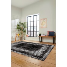 Evdeya Sade Motifli Çerçeve Desenli Modern Yıkanabilir Yolluk Mutfak Salon Halısı, Çerçeveli-14-Siyah,
