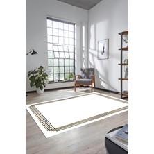 Evdeya Dijital Baskılı Kaymaz Yıkanabilir Modern Sade Çerçeveli Yolluk Salon Halısı, Çerçeveli-45-Beyaz,