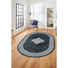 Evdeya Dijital Kaymaz Yıkanabilir Göbekli Çerçeveli Oval Mutfak Salon Halısı, O-Çerçeveli-01-Füme,