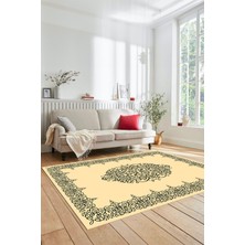 Evdeya Klasik Çerçeve Desenli Yıkanabilir Kaymaz Yolluk Mutfak Salon Halısı, Çerçeveli-22-Krem,