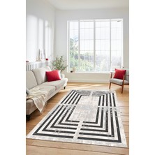 Evdeya Yeni Tarz Çerçeve Desenli Modern Yıkanabilir Yolluk Mutfak Salon Halısı, Çerçeveli-15-Krem,
