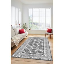 Evdeya Etnik Çerçeve Desenli Modern Yıkanabilir Yolluk Mutfak Salon Halısı, Çerçeveli-20-Gri,