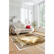 Evdeya Modern Çerçeve Desen Yıkanabilir Kaymaz Yolluk Mutfak Salon Halısı, Çerçeveli-25-Kahve,