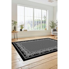 Evdeya Çerçeveli Motifli Yıkanabilir Kaymaz Yolluk Mutfak Salon Halısı, Çerçeveli-34-Siyah,