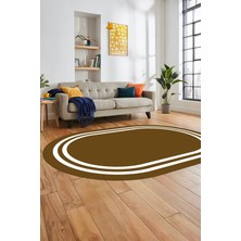 Evdeya Sade Düz Renk Çerçeveli Yıkanabilir Modern Yolluk Mutfak Oval Salon Halısı, O-Çerçeveli-38-Kahve,