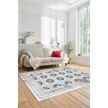 Evdeya Etnik Çerçeve Desen Yıkanabilir Kaymaz Yolluk Mutfak Salon Halısı, Çerçeveli-26-Beyaz,