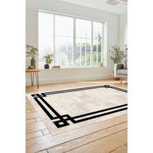 Evdeya Çerçeveli Sade Desenli Yıkanabilir Kaymaz Yolluk Mutfak Salon Halısı, Çerçeveli-33-Krem,