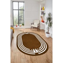 Evdeya Dijital Kaymaz Yıkanabilir Modern Şık Çerçeveli Oval Yolluk Salon Halısı, O-Çerçeveli-44-Kahve,
