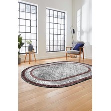 Evdeya Şık Tasarım Çerçeve Desenli Modern Yıkanabilir Mutfak Oval Salon Halısı, O-Çerçeveli-10-Bordo,