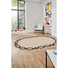Evdeya Dijital Kaymaz Yıkanabilir Şık Çerçeveli Ince Oval Yolluk Salon Halısı, O-Çerçeveli-49-Krem,
