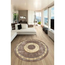 Evdeya Sade Tasarım Çerçeve Desen Modern Yıkanabilir Mutfak Yuvarlak Salon Halısı, Y-Çerçeveli-12-Kahve,