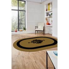 Evdeya Dijital Kaymaz Yıkanabilir Göbekli Çerçeveli Oval Yolluk Salon Halısı, O-Çerçeveli-46-Kahve,