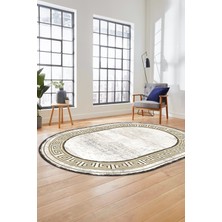 Evdeya Yeni Tasarım Çerçeve Desenli Modern Yıkanabilir Mutfak Oval Salon Halısı, O-Çerçeveli-09-Gold,