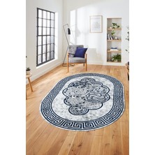 Evdeya Dijital Kaymaz Yıkanabilir Modern Çerçeveli Oval Mutfak Salon Halısı, O-Çerçeveli-04-Mavi,