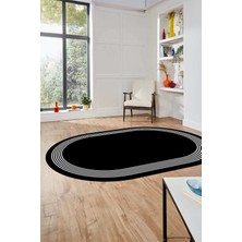 Evdeya Dijital Kaymaz Yıkanabilir Modern Sade Çerçeveli Oval Yolluk Salon Halısı, O-Çerçeveli-45-Siyah,