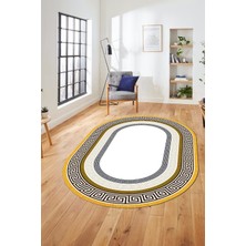 Evdeya Dijital Kaymaz Yıkanabilir Çerçeveli Şık Tasarım Oval Mutfak Salon Halısı, O-Çerçeveli-03-Gold,