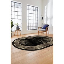 Evdeya Şık Motifli Çerçeve Desen Modern Yıkanabilir Yolluk Mutfak Oval Salon Halısı, O-Çerçeveli-13-Gold,