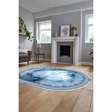Evdeya Modern Çerçeve Desen Yıkanabilir Kaymaz Yolluk Mutfak Oval Salon Halısı, O-Çerçeveli-25-Mavi,