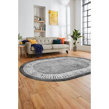 Evdeya Yeni Şık Tasarım Yıkanabilir Kaymaz Taban Çerçeveli Oval Mutfak Salon Halısı, O-Çerçeveli-36-Gri,