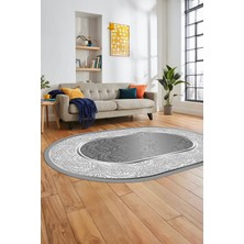 Evdeya Çiçekli Tasarım Yıkanabilir Kaymaz Taban Çerçeveli Oval Mutfak Salon Halısı, O-Çerçeveli-37-Gri,