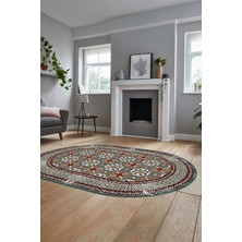 Evdeya Etnik Çerçeve Desen Yıkanabilir Kaymaz Yolluk Mutfak Oval Salon Halısı, O-Çerçeveli-26-Renkli,