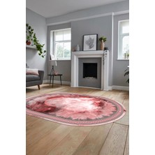 Evdeya Modern Çerçeve Desen Yıkanabilir Kaymaz Yolluk Mutfak Oval Salon Halısı, O-Çerçeveli-25-Pembe,