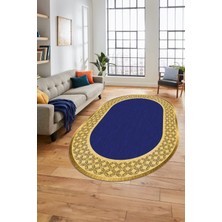 Evdeya Dijital Kaymaz Yıkanabilir Şık Çerçeveli Yolluk Mutfak Oval Salon Halısı, O-Çerçeveli-29-Lacivert,