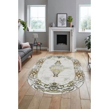 Evdeya Klasik Çerçeve Desen Modern Yıkanabilir Yolluk Mutfak Oval Salon Halısı, O-Çerçeveli-19-Gold,