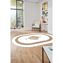 Evdeya Dijital Kaymaz Yıkanabilir Göbekli Çerçeveli Oval Yolluk Salon Halısı, O-Çerçeveli-46-Beyaz,