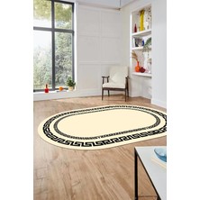 Evdeya Dijital Kaymaz Yıkanabilir Çerçeveli Oval Yolluk Mutfak Salon Halısı, O-Çerçeveli-47-Krem,