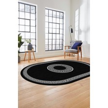 Evdeya Sade Tasarım Çerçeve Desenli Modern Yıkanabilir Mutfak Oval Salon Halısı, O-Çerçeveli-12-Antrasit,