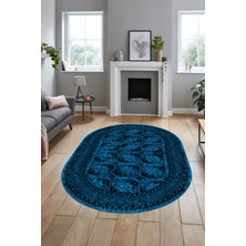 Evdeya Etnik Çerçeve Desen Modern Yıkanabilir Yolluk Mutfak Oval Salon Halısı, O-Çerçeveli-20-Mavi,