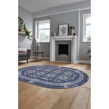 Evdeya Etnik Çerçeve Desen Yıkanabilir Kaymaz Yolluk Mutfak Oval Salon Halısı, O-Çerçeveli-26-Mavi,
