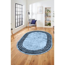 Evdeya Dijital Kaymaz Taban Yıkanabilir Sade Çerçeveli Oval Mutfak Salon Halısı, O-Çerçeveli-06-Mavi,